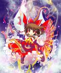  ascot blurry bow brown_hair depth_of_field detached_sleeves hair_bow hakurei_reimu japanese_clothes long_hair midriff miko natsukawa_sarasa navel ofuda outstretched_hand ponytail red_eyes skirt solo spell_card touhou 