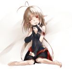  bandage bandages barefoot blood detached_sleeves mouth_hold pixiv_fantasia pixiv_fantasia_5 pointy_ears red_eyes sash short_hair sigure_(drizzle) sitting solo tears wince wink 