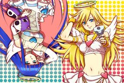  angel armlet back_lace bad_id blonde_hair blue_eyes bracelet breasts choker gun halo honekoneko honekoneko_(psg) jewelry long_hair midriff multicolored_hair multiple_girls navel panty_&amp;_stocking_with_garterbelt panty_(character) panty_(psg) plush rotational_symmetry skirt smile stocking_(character) stocking_(psg) two-tone_hair very_long_hair weapon wings yomoya 