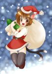  animal_ears brown_eyes brown_hair cat_ears cat_tail chen kotomi_(artist) kotomi_(happy_colors) santa_costume short_hair solo tail thigh-highs thighhighs touhou 