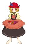  absurdres aki_minoriko apple apron apron_lift barefoot blonde_hair food fruit grapes hat highres kotomi_(artist) kotomi_(happy_colors) nut persimmon red_eyes short_hair solo sweet_potato touhou 