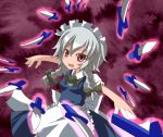  braid izayoi_sakuya knife kotomi_(artist) kotomi_(happy_colors) maid_headdress red_eyes silver_hair solo the_embodiment_of_scarlet_devil throwing_knife touhou weapon 