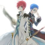  asbel_lhant blade blue_eyes blue_hair brothers brown_hair glasses hubert_ozwell male mochigon multiple_boys siblings tales_of_(series) tales_of_graces white_background 