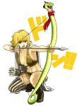  1girl archery arrow asymmetrical_clothes asymmetrical_clothing asymmetrical_thigh-highs bangs bare_thighs blonde_hair boots bow bow_(weapon) cloak female fur fur_bikini fur_bra legs marguerite midriff navel one_piece open_mouth quiver short_hair single_thighhigh snake suyu38 thigh-highs thighhighs thighs vertical-striped_legwear vertical_stripes weapon 