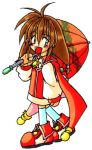  :d ahoge blush brown_hair cape chibi coat footwear green_eyes kenryutei lilka_eleniak long_hair lowres no_nose open_mouth payot shoes skirt smile socks solo twintails umbrella wild_arms wild_arms_2 
