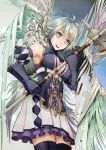  bare_shoulders black_legwear black_thighhighs cleavage_cutout gloves grey_eyes grey_hair halberd kibamigohann pixiv_fantasia pixiv_fantasia_5 polearm short_hair skirt solo thigh-highs thighhighs weapon wings zettai_ryouiki 