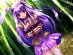  animal_ears bamboo bamboo_forest blazer blush bunny_ears dutch_angle forest gift holding holding_gift incoming_gift kobanzame long_hair nature necktie offering purple_hair red_eyes reisen_udongein_inaba skirt solo touhou valentine very_long_hair 