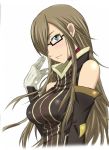  bespectacled blue_eyes breasts brown_hair glasses gloves hair_over_one_eye k2 large_breasts long_hair simple_background solo tales_of_(series) tales_of_the_abyss tear_grants 