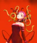  breasts chain chains cleavage collar detached_sleeves dress facial_mark fate/stay_night fate_(series) greek_mythology highres medusa purple_eyes purple_hair rider sheepspear snake snake_hair strapless strapless_dress 