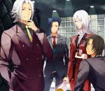  alexei_(tales_of_vesperia) alexei_dinoia blue_hair bouquet brown_hair duke_pantarei flower formal green_eyes jewelry long_hair male multiple_boys necktie red_eyes ring schwann_oltorain sen_nai suit tales_of_(series) tales_of_vesperia white_hair wine yeager 