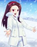  coat hairband idolmaster idolmaster_2 long_hair minase_iori muhi11234 red_eyes snow snowing white 
