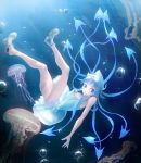  blue_eyes blue_hair dress hat highres ikamusume jellyfish long_hair lungman shinryaku!_ikamusume tentacle_hair underwater 