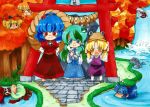 afloat aki_minoriko aki_shizuha bad_id blush chibi floating inubashiri_momiji kagiyama_hina kawashiro_nitori kochiya_sanae moriya_suwako mountain_of_faith multiple_girls ruchi skirt smile submerged torii touhou water waterfall yasaka_kanako