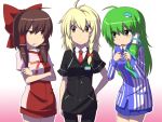  7-eleven angry blonde_hair bow brown_eyes brown_hair contemporary family_mart green_hair hair_bow hakurei_reimu kirisame_marisa kochiya_sanae lawson leon_7 multiple_girls nervous pantyhose tears touhou uniform yellow_eyes 