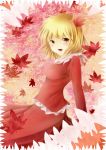  absurdres aki_shizuha blonde_hair blush highres leaf open_mouth short_hair smile solo syrup_hst touhou yellow_eyes 
