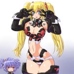 alternate_costume altines altrene armor bikini_armor blonde_hair blue_eyes blue_hair blush breasts busou_shinki dd_(artist) doll_joints double_v elbow_gloves gloves green_hair hips mecha_musume multiple_girls red_eyes short_hair simple_background smile thigh-highs thighhighs twintails v wide_hips 