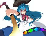 blue_hair hat hinanawi_tenshi kotomi_(artist) kotomi_(happy_colors) long_hair long_skirt red_eyes skirt solo sword sword_of_hisou touhou very_long_hair weapon