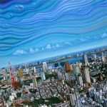  city cityscape cloud clouds copyright_request dutch_angle landmark no_humans ocean oil_painting_(medium) real_world_location scenery sky tokyo_(city) tokyo_rainbow_bridge tokyo_tower traditional_media 