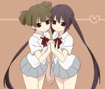  black_hair brown_eyes brown_hair hand_holding holding_hands k-on! kedamaru long_hair nakano_azusa short_hair short_twintails suzuki_jun symmetry twintails 