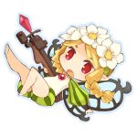  blonde_hair bow_(weapon) braid chibi crossbow fairy flower hair_flower hair_ornament mercedes mota odin_sphere open_mouth pointy_ears red_eyes solo twin_braids weapon wings 