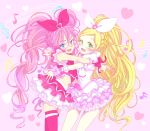  blonde_hair blue_hair cure_melody cure_rhythm green_eyes houjou_hibiki magical_girl minamino_kanade multiple_girls pink_hair precure rotte_(nuuum) staff_(music) suite_precure thighhighs treble_clef 