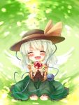  blush closed_eyes eyes_closed fang flower gift green_hair hat highres holding holding_gift kneeling komeiji_koishi open_mouth outstretched_arms red_rose rose smile solo tears third_eye touhou yuya_(night_lily) 