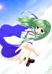  blue_sky detached_sleeves flying green_eyes green_hair hands highres kochiya_sanae long_hair open_mouth outstretched_arms outstretched_hand skirt sky smile snake solo spread_arms sun touhou yuzunoma_saki 