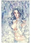  blue_hair breasts cleavage elbow_gloves face flower gloves lips long_hair navel phong_anh shahrazad_al-rahman signature solo traditional_media trinity_blood watercolor_(medium) 