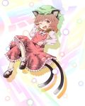  absurdres animal_ears bad_id brown_eyes brown_hair cat_ears cat_tail chen earrings fai_(zigzagflamberge) fang fingernails hat highres jewelry long_fingernails multiple_tails nail_polish open_mouth sanuki_(zigzagflamberge) short_hair smile solo tail touhou wink 