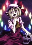  absurdres alternate_wings ascot blonde_hair crazy crazy_eyes creepy fangs finger_to_mouth flandre_scarlet hat highres open_mouth red_eyes ripton_sabo short_hair short_sleeves skull slit_pupils solo teeth the_embodiment_of_scarlet_devil touhou vampire wings 