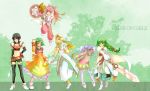  arche_klein beltskirt black_hair blonde_hair blue_eyes broom broom_riding dress farah_oersted glasses green_background green_hair hat long_hair meredy midriff mint_adenade multiple_girls navel orange_dress philia_felice pink_eyes pink_hair ponytail purple_eyes purple_hair rutee_katrea rutee_katret short_hair staff sword tales_of_(series) tales_of_destiny tales_of_eternia tales_of_phantasia thighhighs towji violet_eyes weapon white_dress witch 