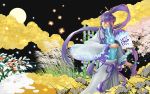  ahoge blue_eyes bodysuit clouds fan flower headphones highres japanese_clothes kamui_gakupo katana leaf looking_back male moon night ohse ponytail purple_hair sakura samurai smile snow sword very_long_hair vocaloid wide_sleeves wind 