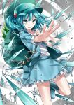  &gt;:) backpack bag blue_eyes blue_hair bon cucumber danmaku foreshortening hair_bobbles hair_ornament hands hat jacket kawashiro_nitori key open_clothes open_shirt outstretched_arm outstretched_hand randoseru rubber_boots shirt short_hair skirt smile solo touhou twintails water 