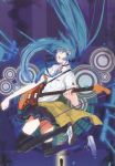  1girl artist_request black_legwear black_thighhighs blue_eyes blue_hair electric_guitar fuyuno_haruaki guitar hair_ornament hatsune_miku headphones highres instrument jumping long_hair looking_back necktie open_mouth school_uniform shoes skirt sneakers solo thigh-highs thighhighs twintails very_long_hair vocaloid 