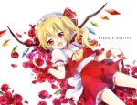  :d ascot blonde_hair bow fang flandre_scarlet flower hair_bow hat hat_bow lying on_back open_mouth petals red_eyes red_rose rose rose_petals sakuro side_ponytail skirt smile solo the_embodiment_of_scarlet_devil touhou wings wrist_cuffs 