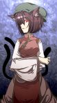  1girl adult animal_ears brown_hair cat_ears cat_tail chen china_dress chinese_clothes crossed_arms face glowing glowing_eyes harusame_(unmei_no_ikasumi) hat multiple_tails red_eyes short_hair solo tail touhou 