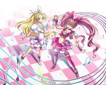  blonde_hair blue_eyes bow brooch cure_melody cure_rhythm dress earrings green_eyes hand_holding heart holding_hands houjou_hibiki jewelry long_hair luko magical_girl midriff minamino_kanade musical_note navel pink_hair precure skirt staff_(music) suite_precure thigh-highs thighhighs treble_clef twintails very_long_hair wrist_cuffs 