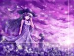  2girls child d-ka-satellite dandelion dress flower flower_field hat multiple_girls purple_dress purple_eyes purple_hair violet_eyes 
