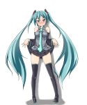  aqua_eyes aqua_hair bad_id blush boots detached_sleeves hatsune_miku headset long_hair ma-bou naughty_face necktie simple_background skirt skirt_lift smile solo thigh-highs thigh_boots thighhighs twintails very_long_hair vocaloid 