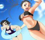  ahoge armpits bandeau bikini bracelet breasts capcom cleavage cloud clouds ibuki innertube jewelry long_hair makoto midriff multiple_girls one-piece_swimsuit open_mouth ponytail school_swimsuit short_hair sky street_fighter street_fighter_iii street_fighter_iv sun suta_furachina swimsuit underboob 