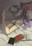  alternate_costume ass bare_legs bare_shoulders barefoot bed book feet from_behind hat hat_removed headwear_removed hime_cut kirisame_marisa legs legs_up long_hair lying m874 nightgown on_back on_stomach patchouli_knowledge pentagram photo_(object) purple_hair reading see-through shade solo strap_slip touhou very_long_hair 