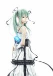  arm_warmers blue_rose dress flower green_eyes green_hair hair_ribbon hatsune_miku lips looking_back neg ribbon rose simple_background solo twintails vocaloid 