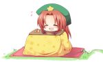  blush closed_eyes eyes_closed food fruit hat hong_meiling kotatsu long_hair open_mouth orange red_hair redhead smile solo table touhou yukiusagi_(paretto) 