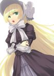  blonde_hair bow crossed_arms dress gosick gothic_lolita green_eyes hat lolita_fashion long_hair nueco open_mouth simple_background solo standing tsurime very_long_hair victorica_de_blois victorique_de_broix white_background 