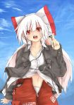  alternate_costume bad_id blush bow casual contemporary digital_media_player dress_shirt earphones fujiwara_no_mokou hair_bow highres ipod jacket long_hair midriff nanairo_neru navel open_fly open_mouth pants red_eyes shirt silver_hair solo tatara_kogasa teeth touhou unzipped white_hair 