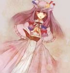  bad_id blush book bow crescent face floating_object foreshortening hair_bow hair_ribbon hands hat long_hair lowres open_book patchouli_knowledge purple_eyes purple_hair ribbon solo tomoe_(itigo) touhou violet_eyes 