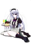  boots cake dress drink eyepatch food grey_hair headdress highres infinite_stratos laura_bodewig long_hair maid red_eyes ribbon simple_background sitting solo tray 