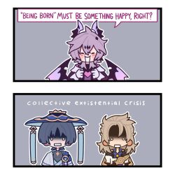  3boys albedo_(genshin_impact) aracanthus38633 artist_name black_bodysuit black_coat black_hood black_horns black_shirt black_wings blonde_hair blue_cape blue_gem blue_hat blue_jingasa blue_kimono blue_shirt blue_sleeves blush bodysuit cape chest_jewel choppy_bangs clenched_hands closed_eyes coat collared_coat contrast_collar dragon_boy dragon_horns dragon_wings durin_(genshin_impact) english_text facing_viewer gem genshin_impact gloves gold grey_hair hair_between_eyes hat heart-shaped_gem highres hood hood_down hooded_coat horns japanese_clothes jingasa juban kimono layered_sleeves looking_at_viewer mandarin_collar multicolored_horns multiple_boys o_o open_clothes open_coat open_collar open_kimono open_mouth pink_gem purple_hair purple_horns purple_wings scaramouche_(genshin_impact) shaded_face shirt short_sleeves shoulder_peek side_cape speech_bubble straight-on two-tone_horns two-tone_wings undershirt vision_(genshin_impact) wanderer_(genshin_impact) white_coat white_eyes white_gloves white_kimono white_mouth white_sleeves wings 