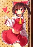  alternate_hairstyle ascot bare_shoulders blush bow brown_eyes brown_hair detached_sleeves hair_bow hakurei_reimu heart kohaku. light_smile midriff miko navel outstretched_hand skirt solo touhou twintails 