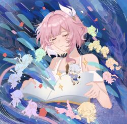  4boys 6+girls aglaea_(honkai:_star_rail) anaxa_(honkai:_star_rail) bare_shoulders book castorice_(honkai:_star_rail) cerydra_(honkai:_star_rail) chibi chrysos_heirs_(honkai:_star_rail) cipher_(honkai:_star_rail) closed_eyes commentary cyrene_(honkai:_star_rail) cyrene_(philia093)_(honkai:_star_rail) dan_heng_(honkai:_star_rail) dan_heng_(permansor_terrae)_(honkai:_star_rail) english_commentary evernight_(honkai:_star_rail) hair_ornament highres honkai:_star_rail honkai_(series) hyacine_(honkai:_star_rail) hysilens_(honkai:_star_rail) little_ica_(honkai:_star_rail) march_7th_(honkai:_star_rail) mem_(honkai:_star_rail) multiple_boys multiple_girls mydei_(honkai:_star_rail) open_book pink_hair short_hair smile stelle_(honkai:_star_rail) trailblazer_(honkai:_star_rail) trianne_(honkai:_star_rail) tribbie_(honkai:_star_rail) trinnon_(honkai:_star_rail) umochinno37067 white_hair 